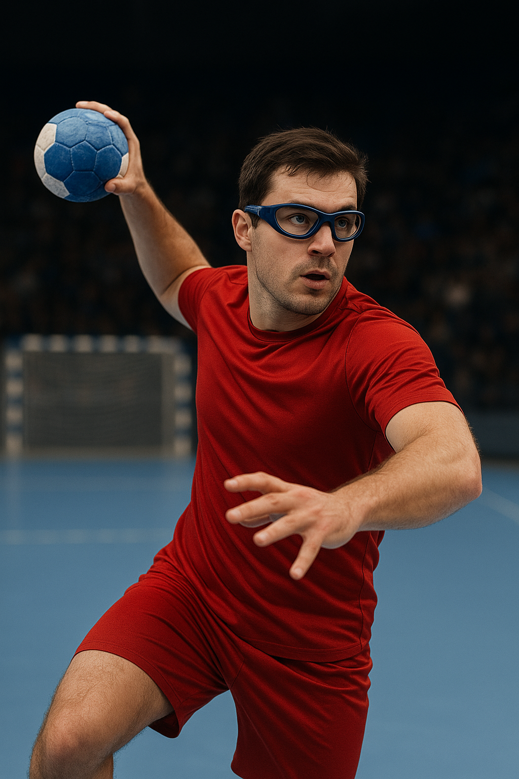 rukometaš-sportske-naocale-ai.png Na slici se nalazi sportaš rukometaš koji nosi dioptrijske naočale za kontaktne sportove. Ima crveni dres i drži loptu u desnoj ruci.
